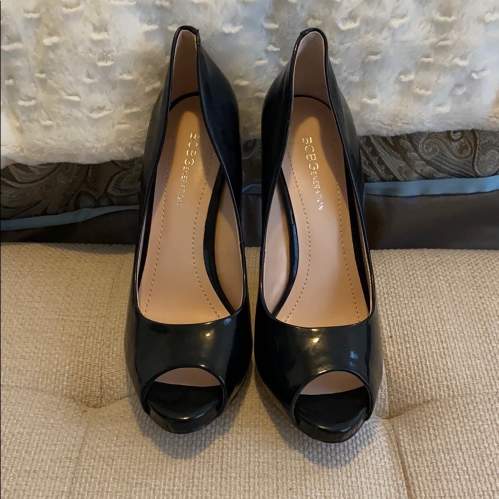 BCBGeneration black patent peep toe heels,size 6.5